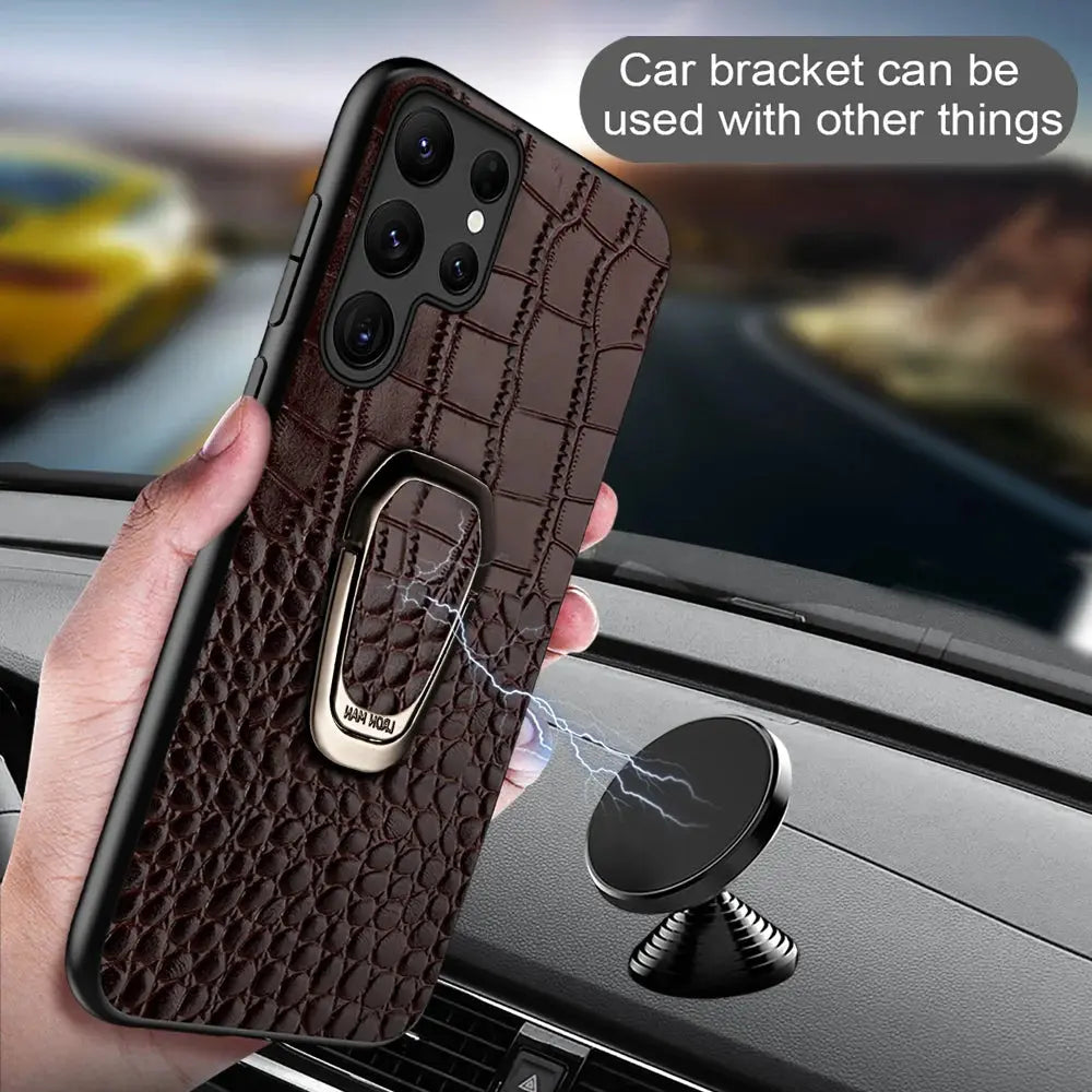 Genuine Cowhide Leather Bracket Phone Case For Samsung Galaxy S 24 23 S24 Ultra S23 Plus S24Ultra S22Ultra Back Cover with Ring Pinnacle Luxuries