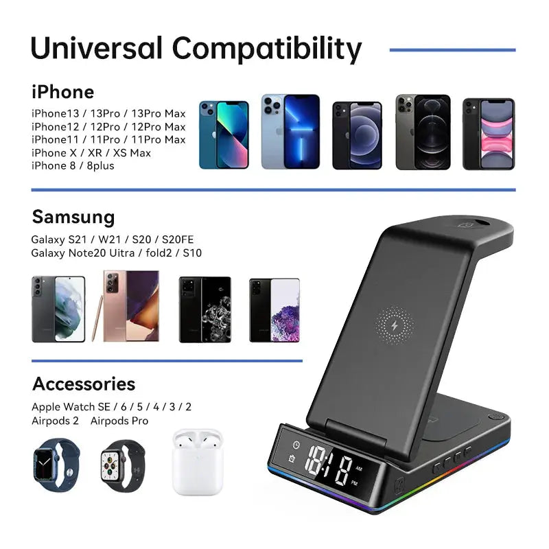 5 In 1 30W Foldable Wireless Charger Stand RGB Dock LED Clock Fast Charging Station for iPhone Samsung Galaxy Watch 5/4 S22 S21 Pinnacle Luxuries