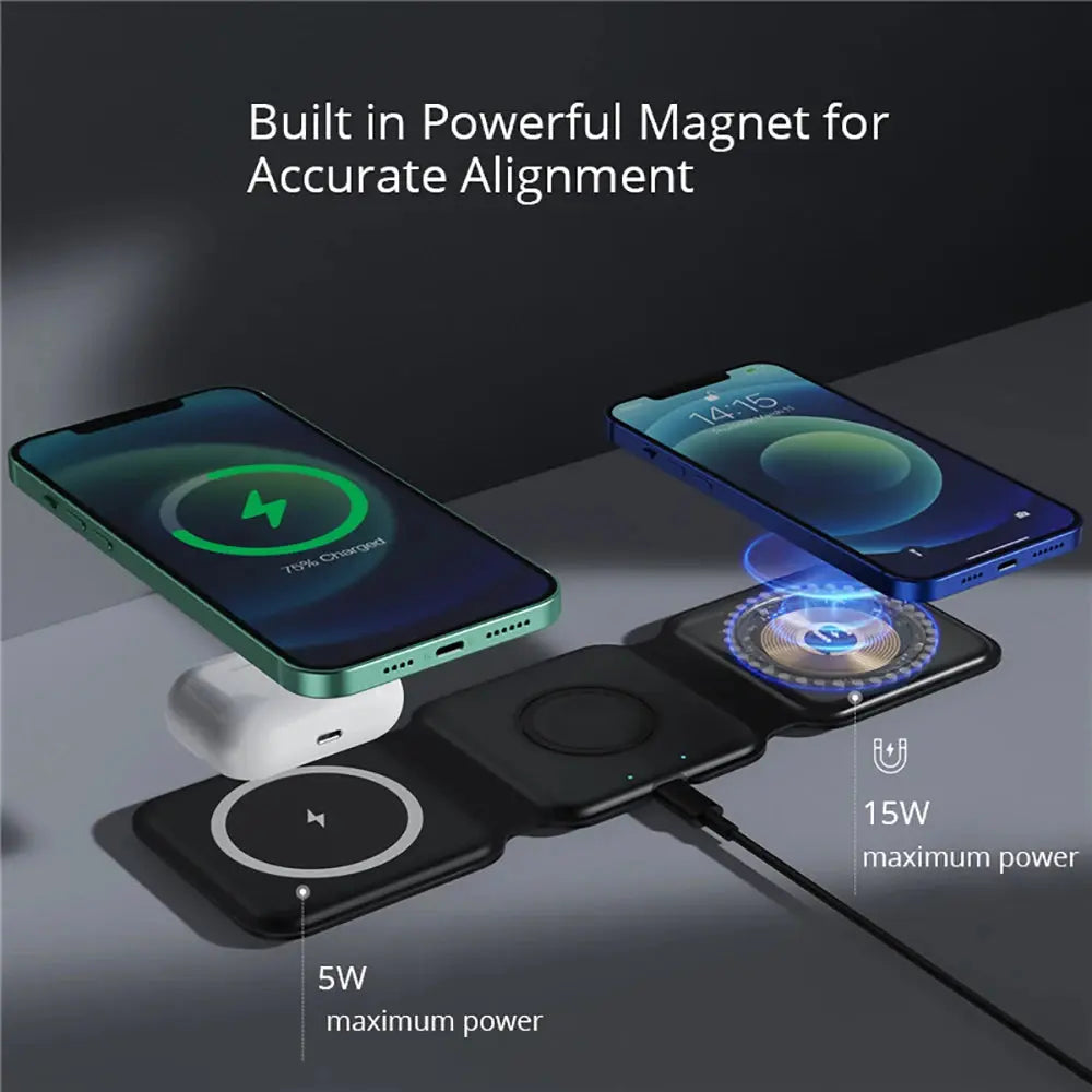 Fast 15W Magnetic Wireless Charger for iPhone 14 13 Pro Max 3 in 1 Wireless Charger Portable for Apple Watch/AirPods 3in1 Stand Pinnacle Luxuries