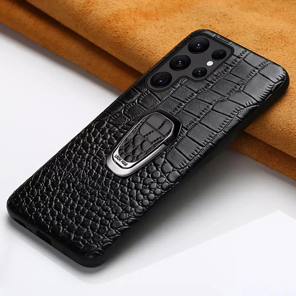 Genuine Cowhide Leather Bracket Phone Case For Samsung Galaxy S 24 23 S24 Ultra S23 Plus S24Ultra S22Ultra Back Cover with Ring Pinnacle Luxuries