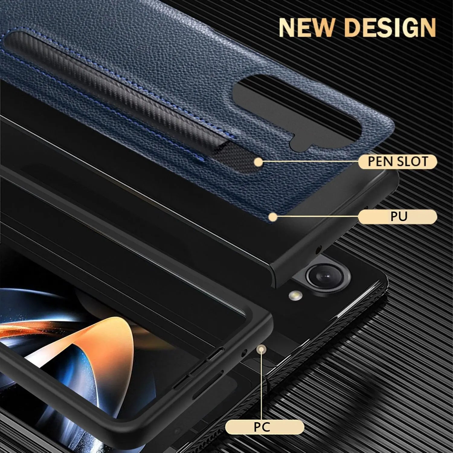 For Samsung Galaxy Z Fold 5 Lychee Leather Case Business with S-Pen Slot & Built-in Tempered Glass Folding Protection Cover Pinnacle Luxuries