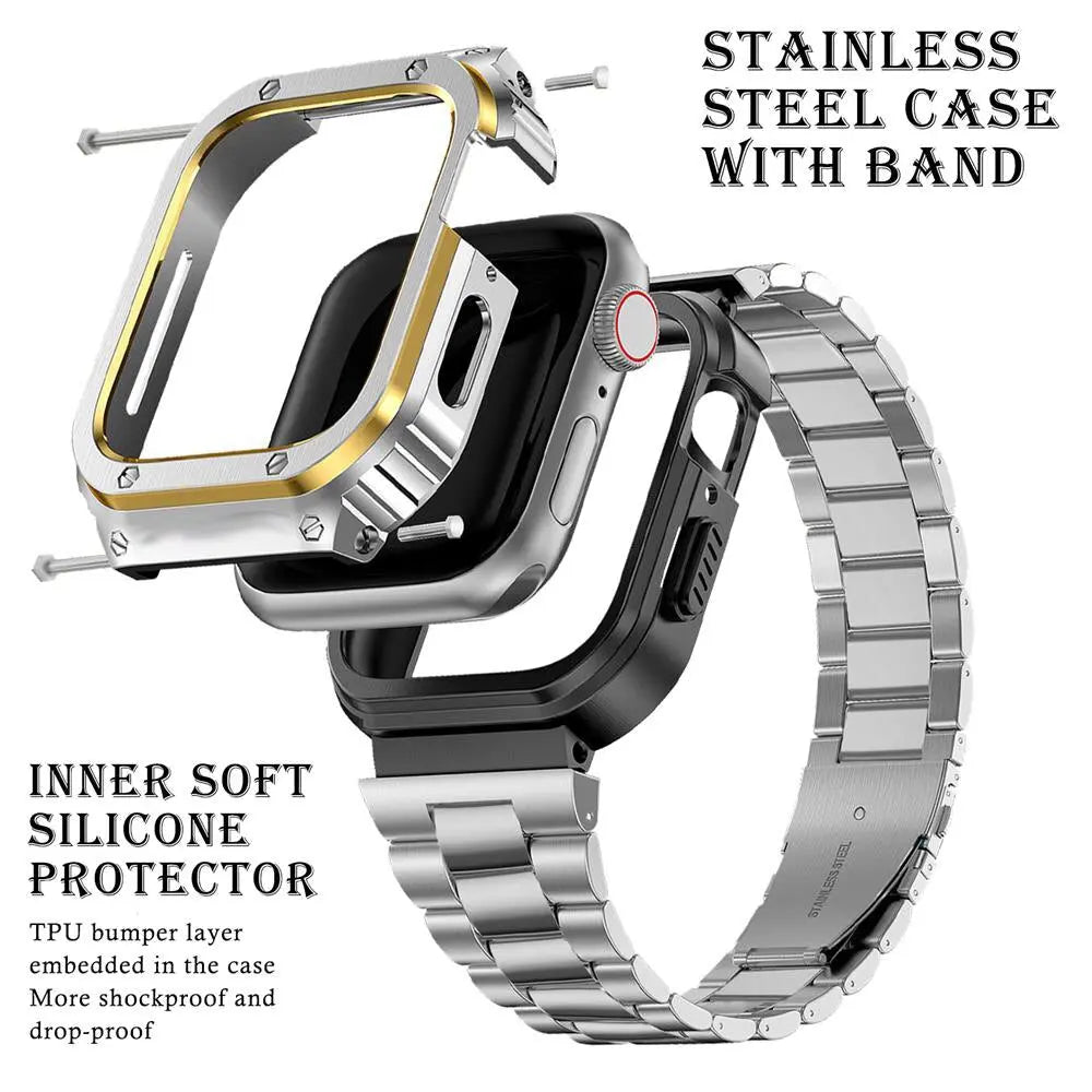 Stainless Steel Strap+Case For Apple Watch Band 49mm 45mm 44mm 40mm 41mm Bumper frame Cover iwatch series 4 5 SE 6 7 8 ultra Pinnacle Luxuries