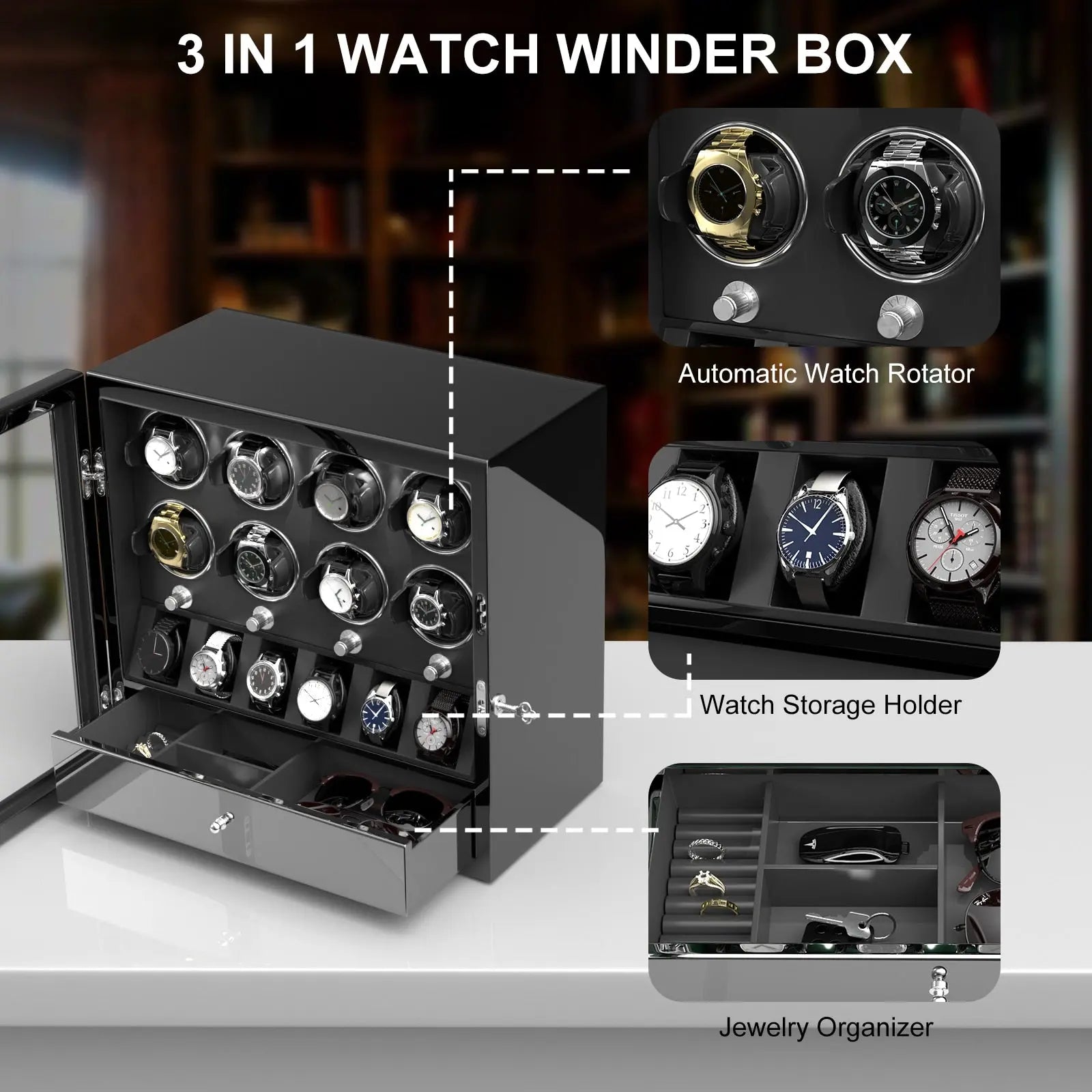 Watch Winder for 8 Automatic Watches Box with 6 Watch Storage Display Jewelry Collector Mabuchi Motor Patented Design - Black Pinnacle Luxuries