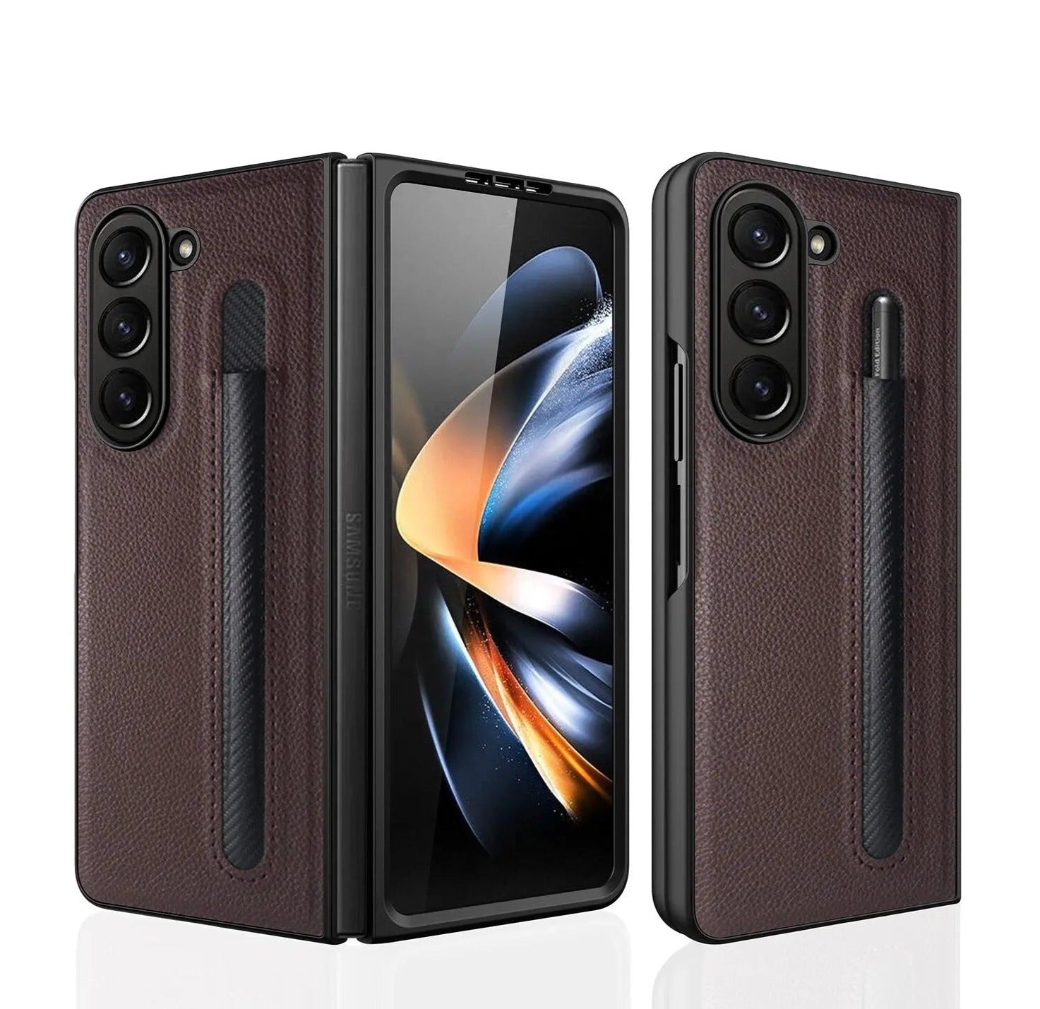 For Samsung Galaxy Z Fold 5 Lychee Leather Case Business with S-Pen Slot & Built-in Tempered Glass Folding Protection Cover Pinnacle Luxuries