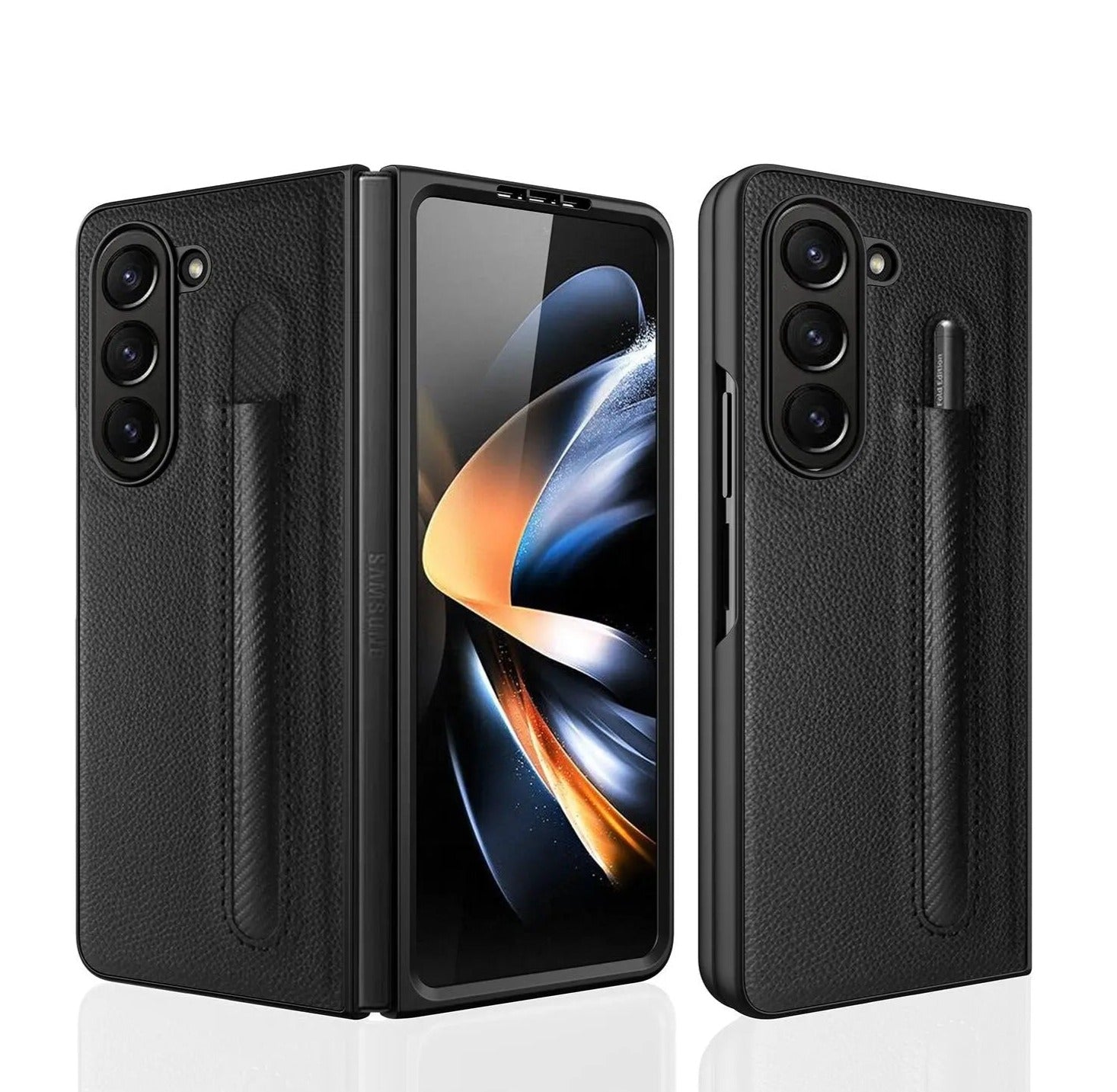 For Samsung Galaxy Z Fold 5 Lychee Leather Case Business with S-Pen Slot & Built-in Tempered Glass Folding Protection Cover Pinnacle Luxuries