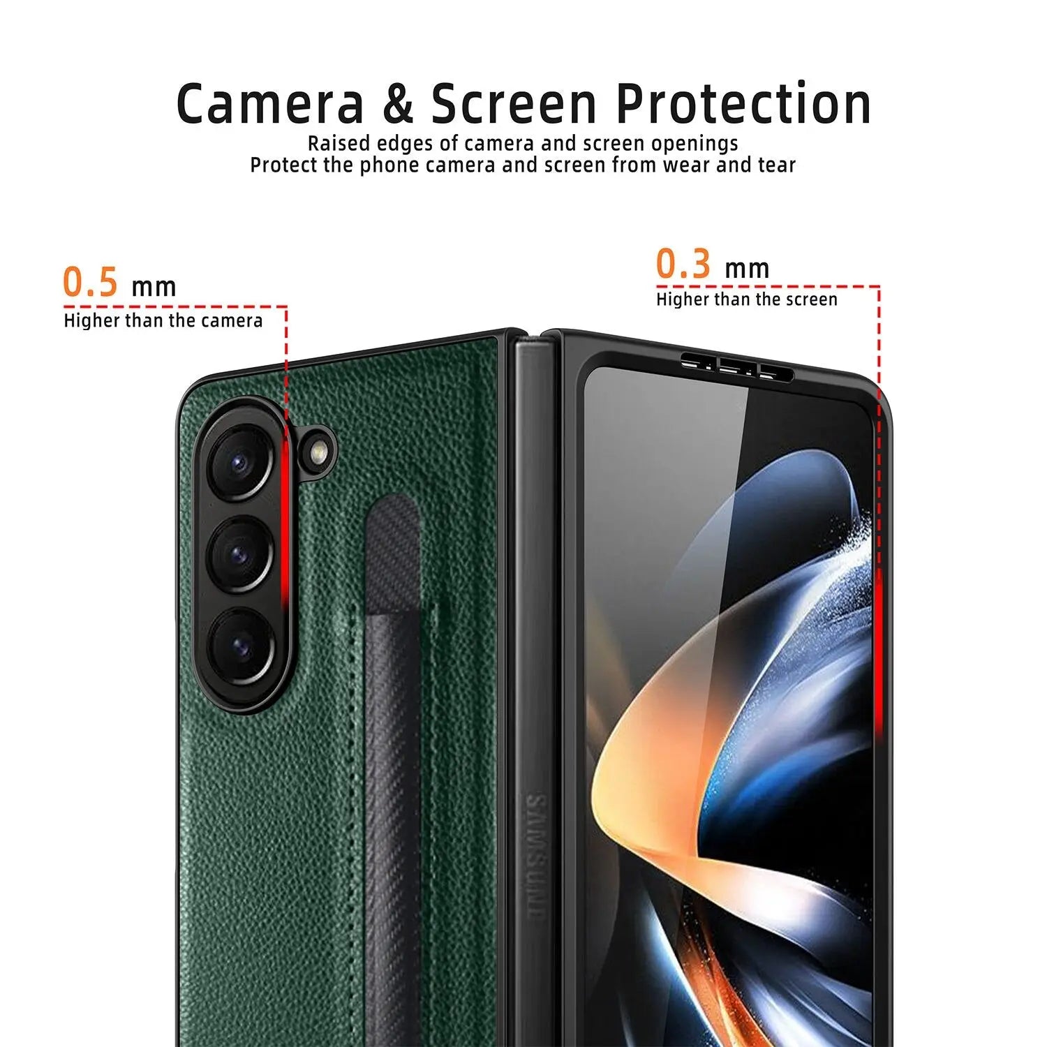 For Samsung Galaxy Z Fold 5 Lychee Leather Case Business with S-Pen Slot & Built-in Tempered Glass Folding Protection Cover Pinnacle Luxuries