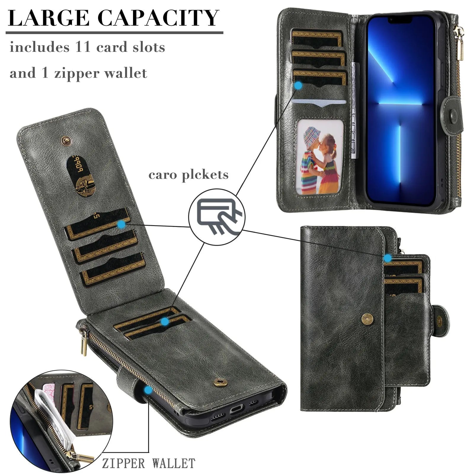 CaseMe iPhone 12 Pro Max 2 in1 Detachable Leather Zipper Wallet Case Black