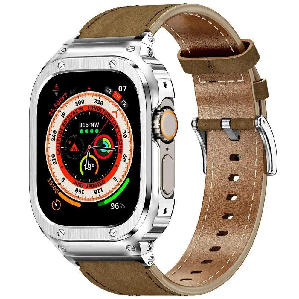 LuxeSteel Case and Premium Leather Band for Apple Watch Pinnacle Luxuries