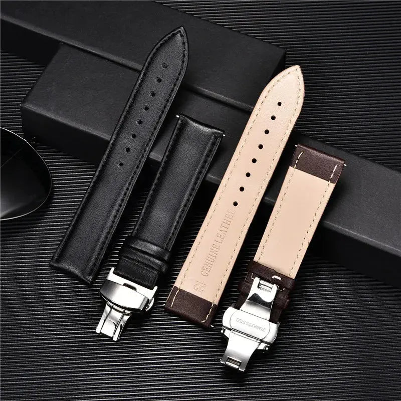 Smooth Genuine Calfskin Leather Watchband 18mm 20mm 22mm 24mm Straps with Solid Automatic Butterfly Buckle Business Watch Band Pinnacle Luxuries