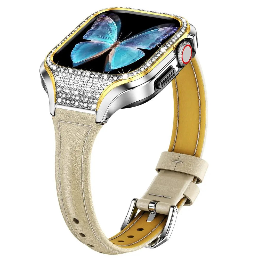 Diamond Luxe Steel Case and Leather Band for Apple Watch - Pinnacle Luxuries