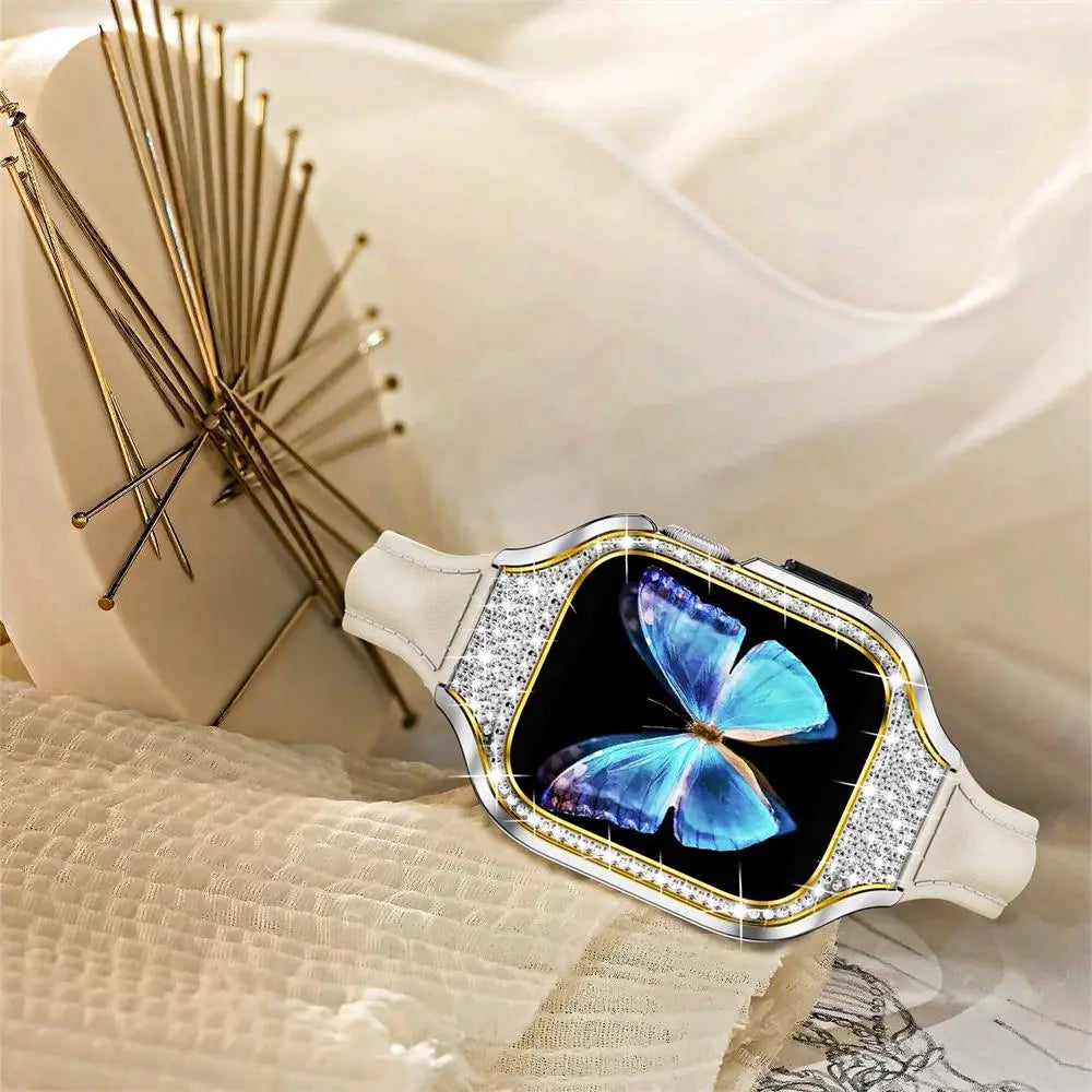Diamond Luxe Steel Case and Leather Band for Apple Watch - Pinnacle Luxuries