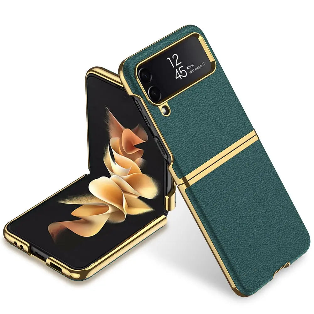 Vintage Leather Gold Trim Case For Samsung Galaxy Z Flip 4 - Pinnacle Luxuries