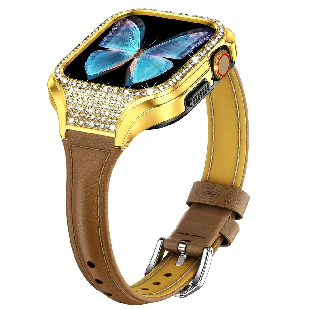 Diamond Luxe Steel Case and Leather Band for Apple Watch - Pinnacle Luxuries